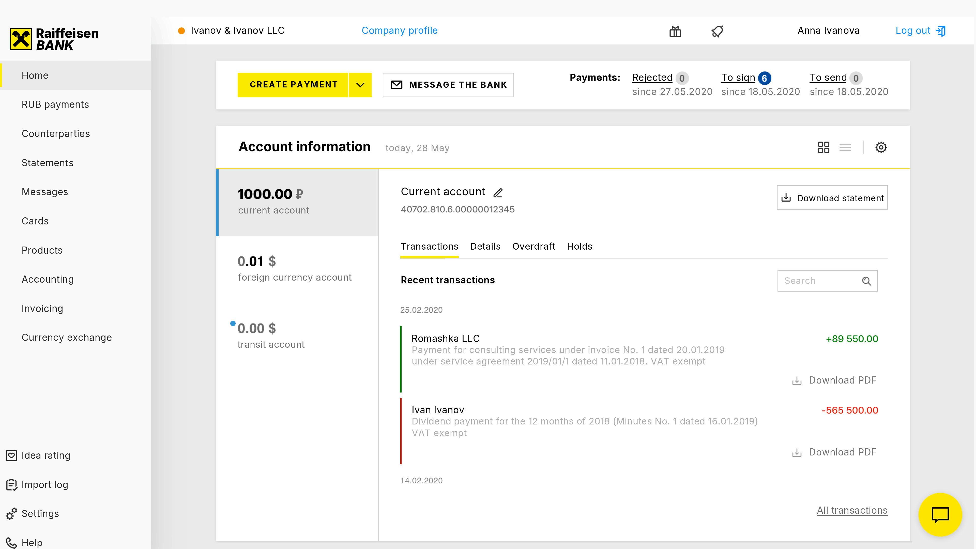 Contractor payments history on the Raiffeisen web app