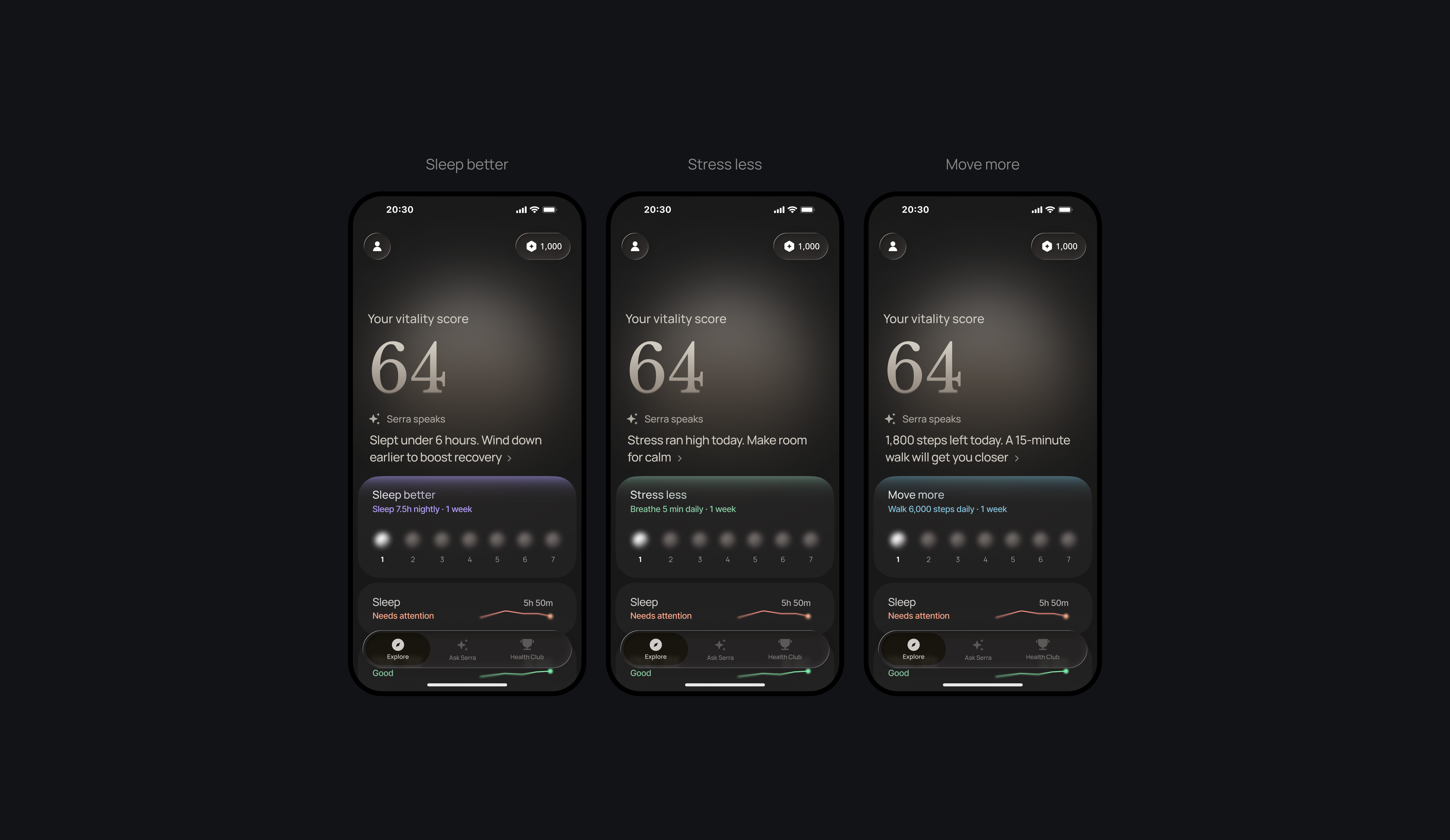 Sleep, stress and activity goals on the home screen