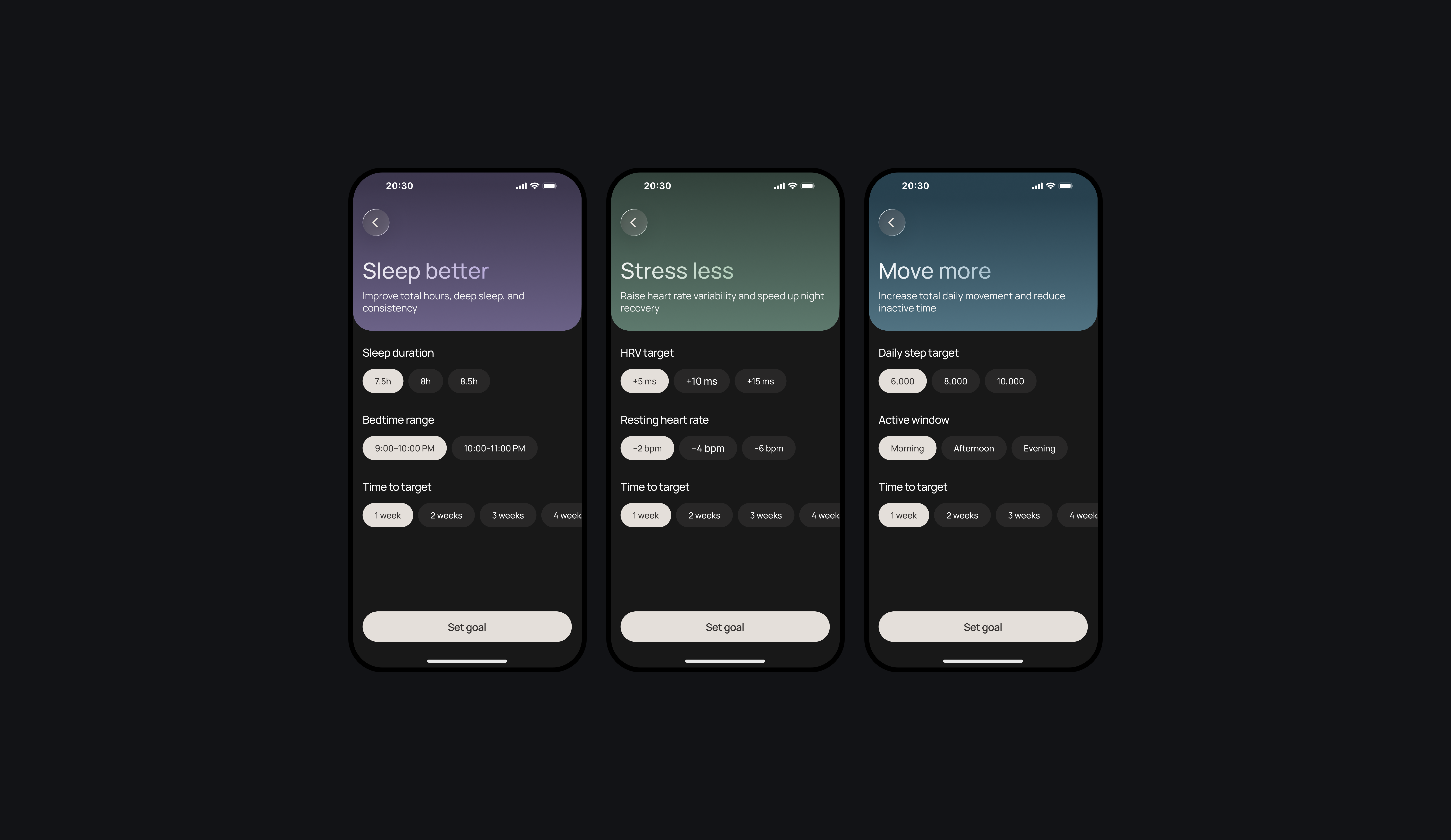 Sleep, stress and activity goal settings